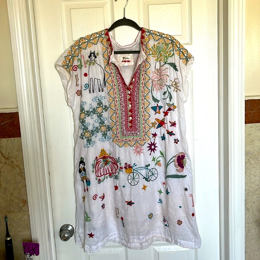 JOHNNY WAS Biya Mishti Linen Embroidered Dress